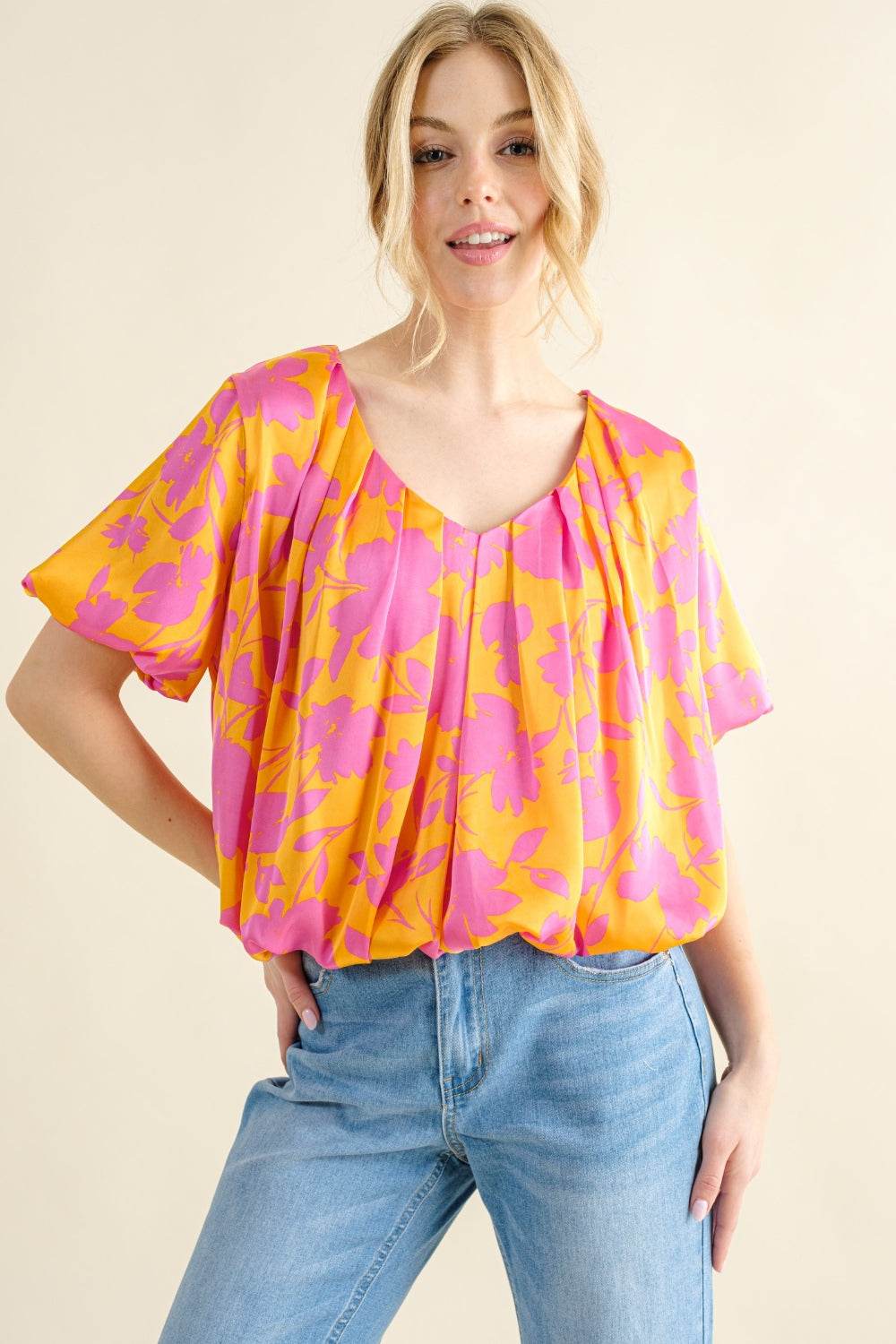 And The Why Full Size Printed Satin Bubble Hem Top - DripNation