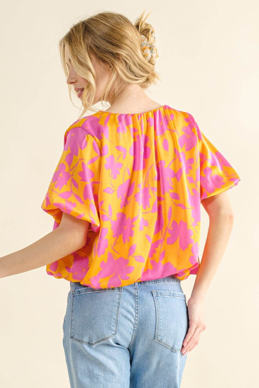 And The Why Full Size Printed Satin Bubble Hem Top - DripNation