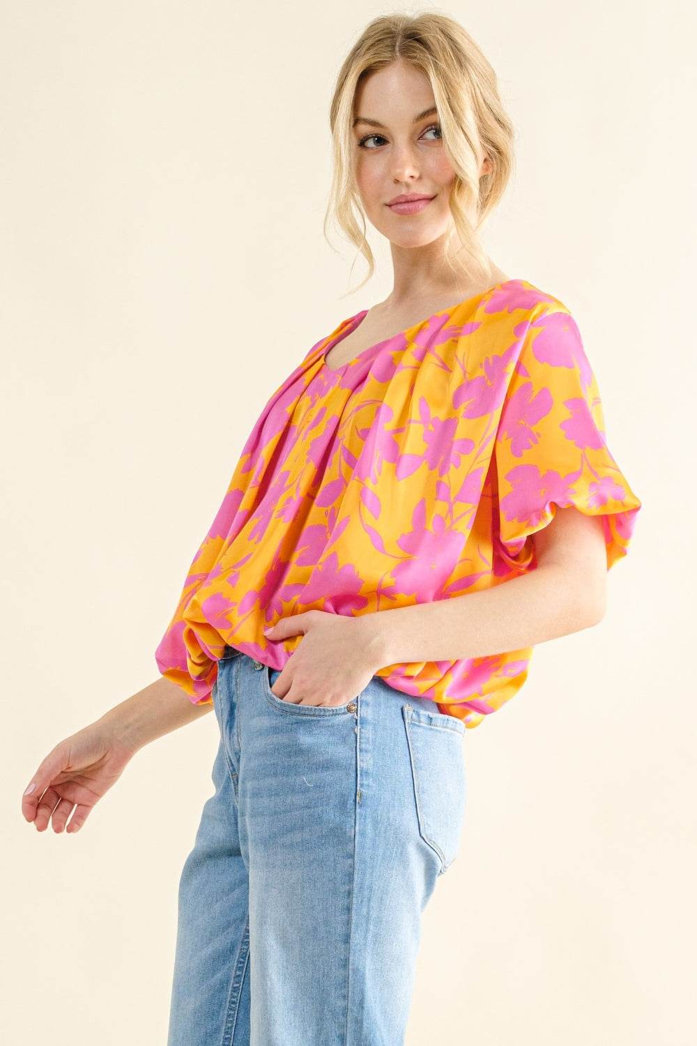 And The Why Full Size Printed Satin Bubble Hem Top - DripNation